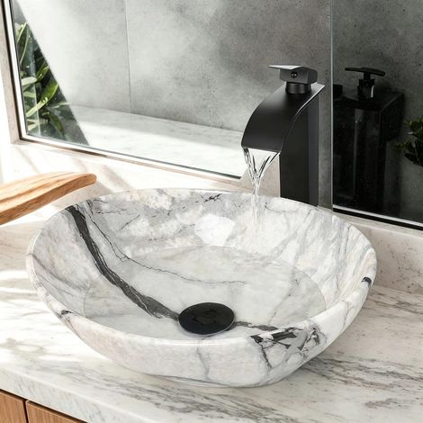 Vasque à Poser Lavabo 41 cm Céramique Marbre Blanc Gris Robinet Bonde (1/5)