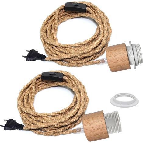 2PCS Lustre Corde de Chanvre avec Prise, 500CM Câble, Douille Ampoule E27 avec Interrupteur, Corde Lampe Suspension avec Prise, Suspension Luminaire Corde, Lampe Suspendue Vintage, Lampadaire DIY (1/5)