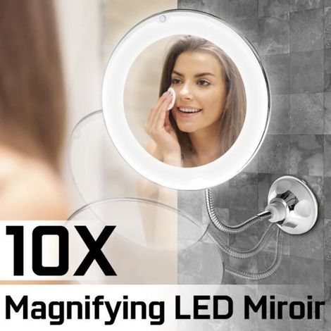 Miroir De Maquillage - LED - Grossissement 10X - Col De Cygne 360° - Ventouse Adhésive - Blanc (1/4)