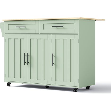 Chariot de cuisine multifonction avec plan de travail pliable en bois massif 129x71x91,5 cm vert (1/5)