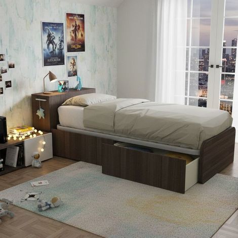 Letto singolo salvaspazio con cassetti e testata contenitiva - Olmo jerez scuro (1/5)
