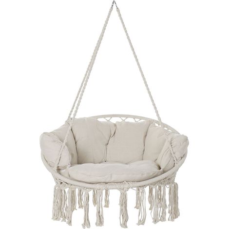 Chaise suspendue beige macramé en coton polyester avec coussin - Largeur 100 x Hauteur 145 x Profondeur 80 cm -PEGANE- (1/4)