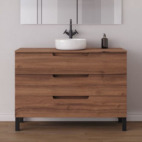 Meuble de salle de bain 120cm avec plateau et vasque à poser ronde - 3 tiroirs - sans miroir - noyer (bois foncé) - RIZA (1/5)