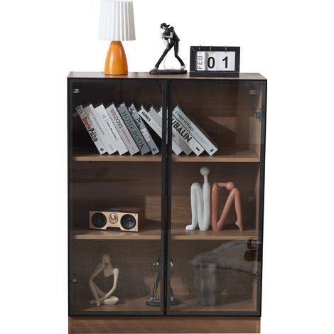 Vitrine de rangement avec 2 Portes, 3 Niveaux et LED, pour Salon, en Verre trempé et Panneaux de particules, 80 x 30 x 106 cm, Noyer naturel (1/5)