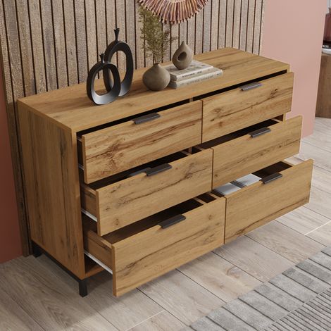 DESMIU Commode avec 6 tiroirs et pieds réglables pour chambre et salon en panneau de particules chêne foncé 120 × 40 × 76 cm (1/3)