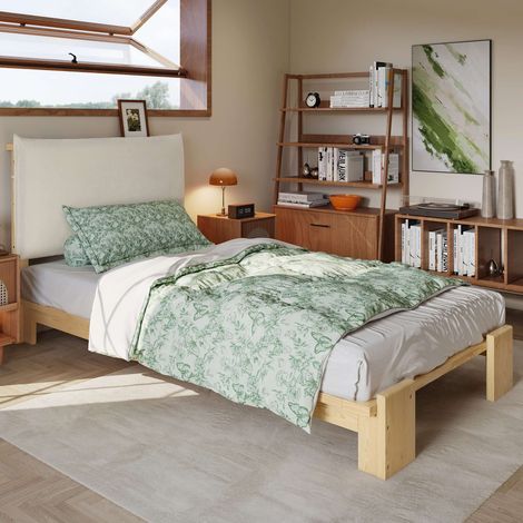 Lit enfant 90x200 cm rembourré avec tête de lit confortable, sommier à lattes inclus, structure bois, lit simple naturel, sans matelas (1/5)