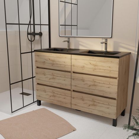 Mueble de baño 120 cm 6 Cajones Roble Natural + Lavabo Doble de Cerámica Negra - TIMBER
