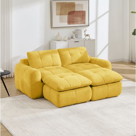 Divano modulare a 2 posti in tessuto ciniglia, imbottitura in schiuma ad alta densità 32D, seduta confortevole da 54 cm, design trapuntato, non richiede montaggio, colore giallo, 2 pouf (1/5)