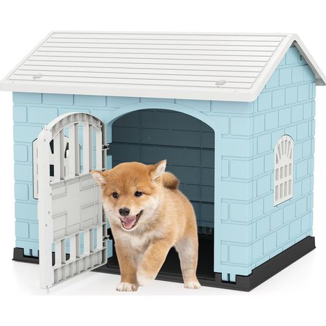 GOPLUS Niche pour Chien Exterieur XXL en PP, Cabane Chien Imperméable&Ventilé, Maison pour Chiot Interieur avec Porte, 3 Fenêtres, Toit Incliné, Plancher Surélevé, Cage pour Chiots, 75x58x65CM (Blue) (1/5)