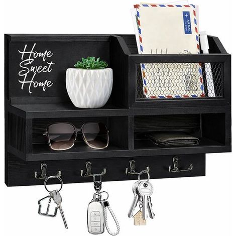 Porte-clés avec tableau mémo - Porte-clés avec compartiment à courrier - Porte-clés avec étagère et barre de suspension - Bois - Crochets muraux - Noir (1/5)