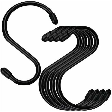 Set of 4 Large 4 Inch Vinyl Coated S-Hooks with Rubber Stopper, Black Rubber Coated Metal S-Hooks for Hanging Jeans, Plants, Jewelry, Pots, Mugs, Towels, Black (1/5)
