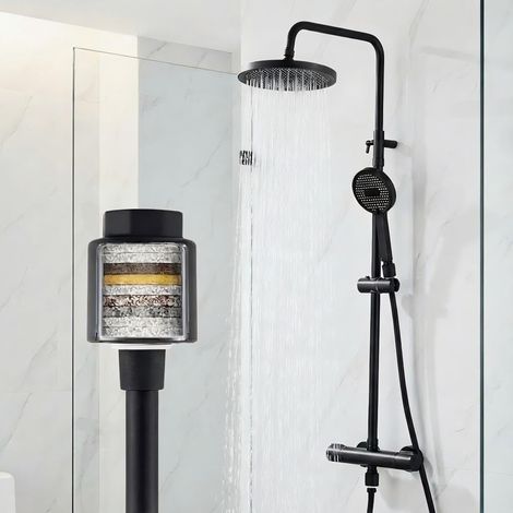Duschsystem mit Thermostat Schwarz, Duscharmatur Komplettset mit Filter, 25cm Kopfbrause Regendusche & Handbrause, 3 Strahlarten Handbrause, Duschset für Badezimmer