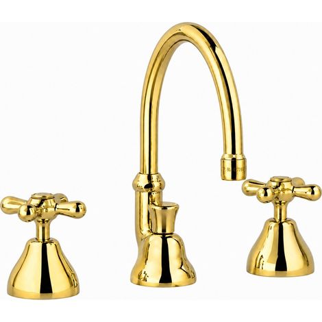 Rubinetto lavabo 3 fori bocca alta con scarico incluso Oro lucido Piralla Rubinetteria Sofia 0SFOR035A17 Oro (1/5)