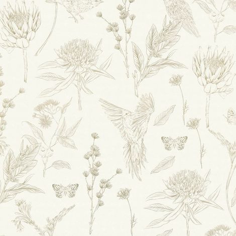 Vogel Tapete Profhome 394293 heißgeprägte Vliestapete leicht strukturiert mit Blumen-Muster matt weiß grün 5,33 m2