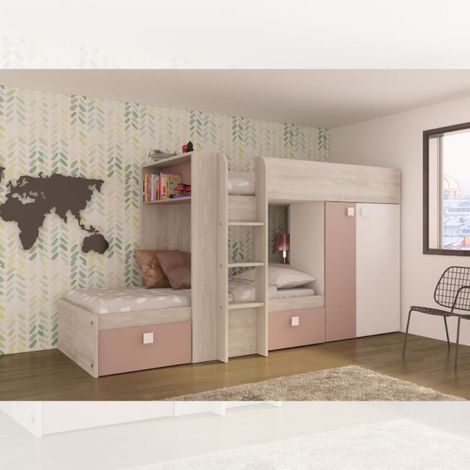 Chambre 1262 avec lit superposé avec deux tiroirs et armoire en blanc usé et vieux rose