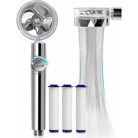 Douche à économie d'eau haute pression, pommeau de douche à main à hélice rotative à 360 degrés avec filtre, pommeau de douche Turbo Spa avec ventilateur et interrupteur (argent) (1/4)