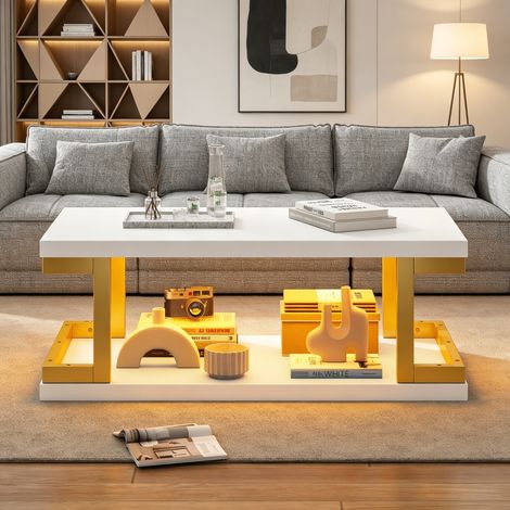 Table basse rectangulaire blanc et or avec éclairage LED, bout de canapé, table d'appoint en MDF et métal, pour salon/salle à manger/bureau, charge max 50 kg, 100x50x37,5 cm (1/5)