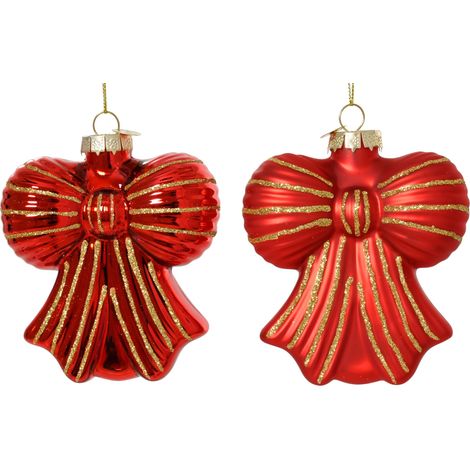 Pendente fiocco in vetro con linea glitter 9 x 4,2 x 10 cm rosso natalizio Peraga Christmas