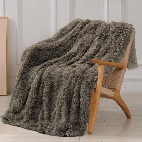 Couverture fausse fourrure marron 127×152,4 cm – microfibre réversible, poils longs, canapé/lit