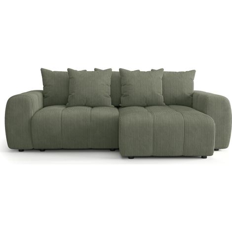 Canapé d'angle convertible réversible 4 places avec coffre de rangement en velours côtelé vert kaki - Rivoli