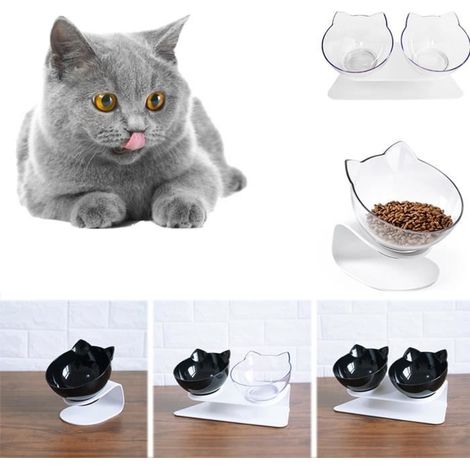 Bol pour animaux - Gamelle - Double - Plastique - Noir + Blanc - 13cm diamètre (1/3)