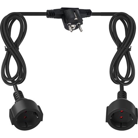 Rallonge Electrique 2M, 250V, 16A, IP20 Rallonge avec 2 Prises - Rallonge Double Prise avec PVC Câble Flexible H05VV-F 3G 1mm² - 2M de Chaque côté - Maximum 3680 W - Rallonge Noir (1/5)