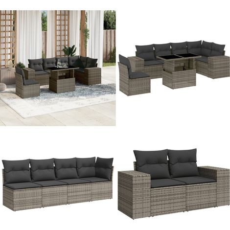 Salon de jardin avec coussins 7 pcs gris résine tressée - Ensemble Salon De Jardin - Meuble Extérieur - Jardin Design - Mobilier Résistant Aux Intempéries - Chaise Lounge - Home & Living (1/5)