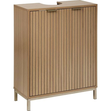 Meuble sous Lavabo Tasso Effet Bois, L 60 x P 28,5 x H 80 cm, 2 Portes Cannelées, Étagère Réglable - Rangement pour Salle de Bain, WC (1/5)
