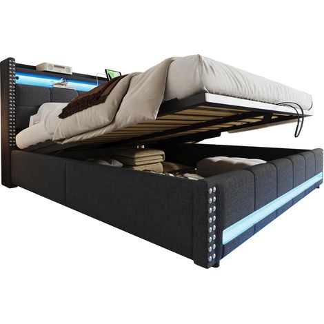 Letto Matrimoniale Contenitore 180 x 200 cm, USB, LED Multicolore e Ripiani, senza Materasso, Grigio (1/5)
