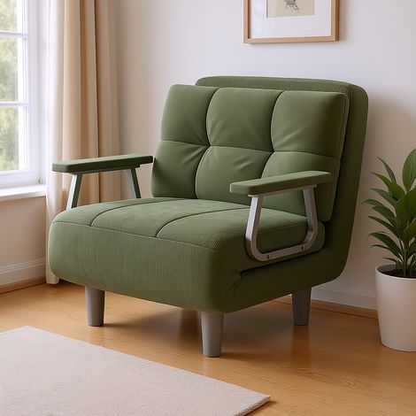 Divano letto/poltrona, trasformabile, 1 posto - Elevato comfort, staccabile con cuscino, braccioli e gambe in metallo (Verde chiaro)