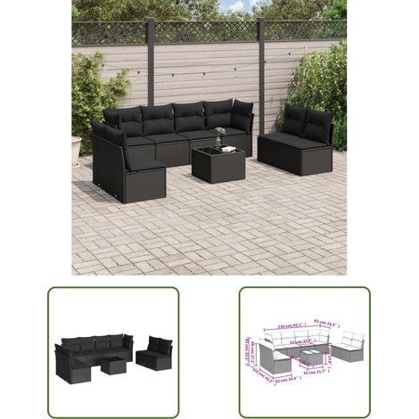 The Living Store Salon de jardin 9 pcs avec coussins noir résine tressée - Salon De Jardin - Mobilier De Jardin - Set Salon De Jardin - Résine Tressée - Rotin Synthétique (1/3)
