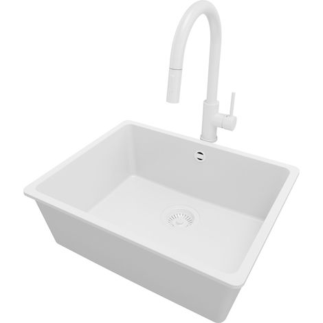 PRIMAGRAN Evier Cuisine en Granit 56x44cm, Lavabo 1 bac + Robinet 40x20cm + Kit de Vidage, Évier à Encastrer au meuble 60cm - Venise Slim Easy, Tout Blanc (1/5)