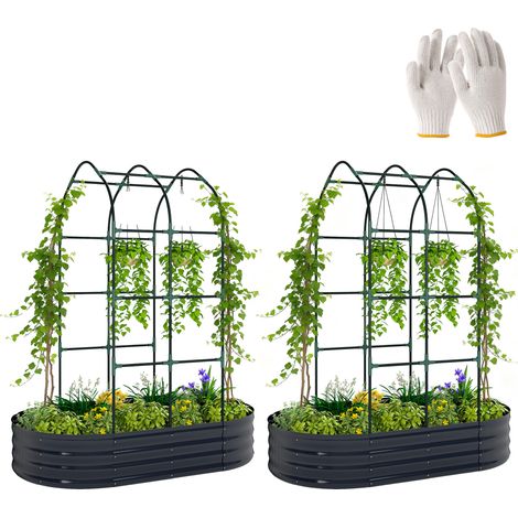 Lot de 2 jardinières avec treillis - lit surélevé avec brise-vue - Outsunny - fond ouvert gants - métal - 160x90x180cm - gris foncé (1/5)