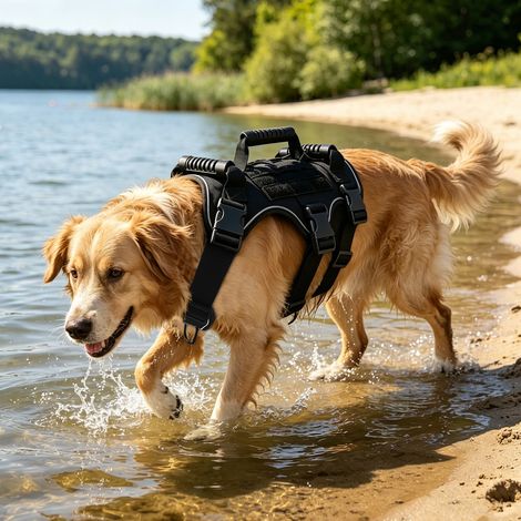 Tactical Dog Harness, Full Body Dog Harness with Handle (Black, L)  Adjustable Tactical,Service Dog Vest with Hook & Loop Panels,Adjustable for Hiking Training Outdoor Dogs (1/5)