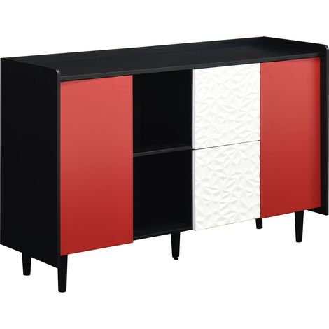 Buffet, armoire de rangement noire avec portes rouges, 2 tiroirs au design de panneau unique et 2 compartiments de rangement ouverts, meuble-bar à café moderne, meuble d’appoint pour cuisine (1/5)