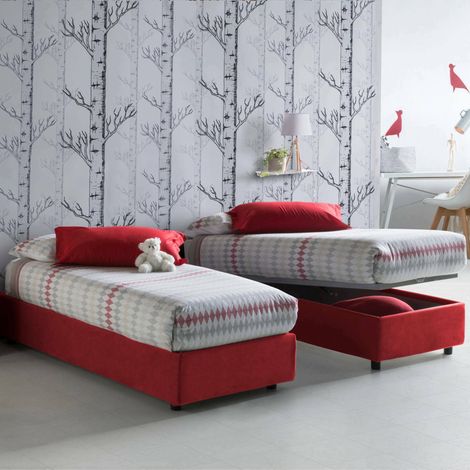 Talamo Italia Cama individual Amelia, Cama contenedor con revestimiento de tela, 100% Made in Italy, Apertura frontal, con colchón Cm 80x190 incluido, Rojo, con embalaje reforzado (1/4)