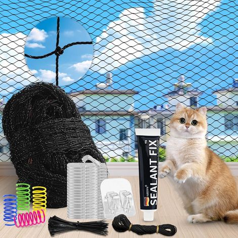 Filet de Protection pour Chat Balcon sans Percer, 3×4M / 3×6M / 3×8M Filet Chat Balcon Renforcé avec Crochets Adhésifs, Silicone (1/5)