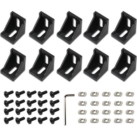 10 pièces 4040 support d'angle noir à angle droit avec vis M6 4040 série 2 trous support d'aluminium pour fente 8mm Accessoires de profil d'extrusion en aluminium (1/5)