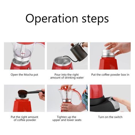 Cafetière Moka Électrique 480W 6 Tasses 300ml Rouge, Détachable pour Cuisinière (1/5)