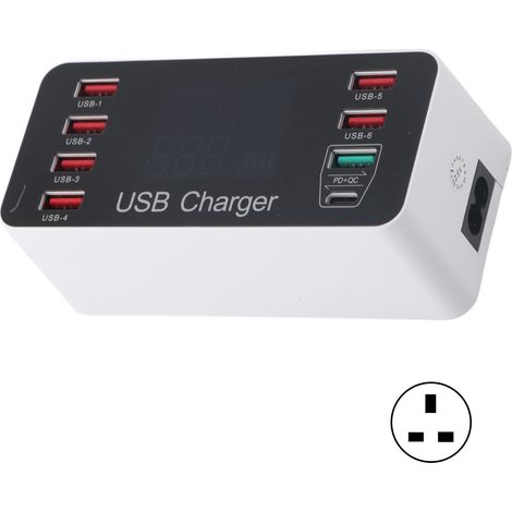 Chargeur USB 40W 8 ports portable QC3.0 Type-C rapide pour voyage, prise UK 100‑240V (1/5)