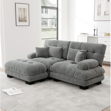 Canapé d'angle modulable 2 places –Repose-pieds amovibles – 2 coussins lombaires – Tissu chenille gris – Dimensions220×145×81cm (1/5)