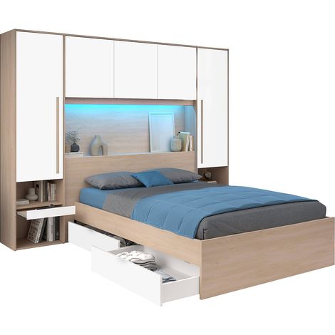 Letto con LED e vani portaoggetti 140 x 190 cm Naturale e Bianco lucido - VELONA