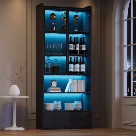 Vitrine noir 80 x 34 x 180 cm meuble haut LED portes en verre 1 tiroir étagères ouvertes MDF moderne armoire salon (1/5)