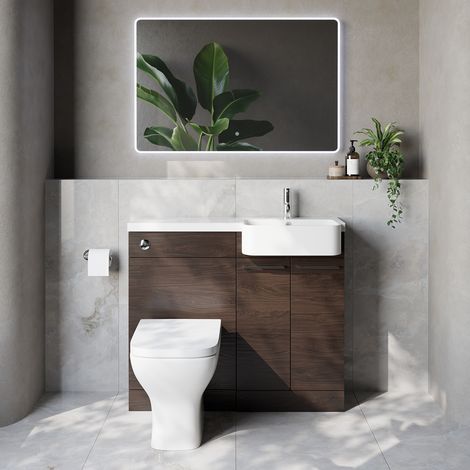 Napoli 250 Brown Oak 1000mm 2 Door Vanity Unit Toilet Suite with Right Hand Round Rico Semi Recessed Basin - 1000mm - Chrome 160mm HandleWith Kingston Toilet Pan and Seat