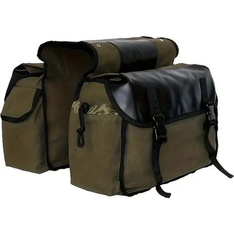 Bolsa doble para bicicleta, 38 x 27 x 15 cm, Impermeable, Con bolsillos laterales, 30 L, Bolsa para rueda trasera, Bolsa doble, Verde oliva (1/5)