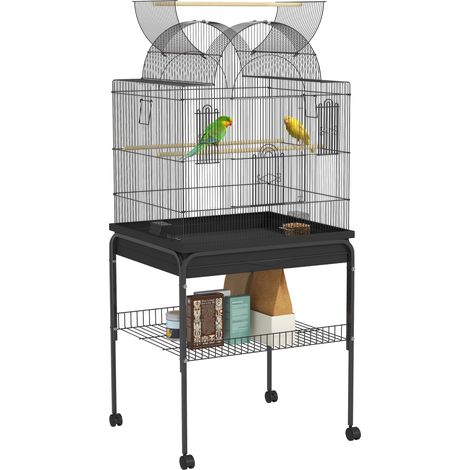 Vogelkäfig für Kanarienvögel & Wellensittiche, mobil, mit Bodenfach, Metallgitter, Schwarz