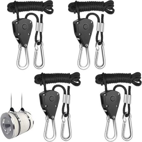 Ciondoli - 4 pezzi - Corda regolabile con cricchetto, portata 150 libbre - Lampada per coltivazione - 2 m - Ventilatore per piante - Luce - Piante da interno - Nero (1/5)