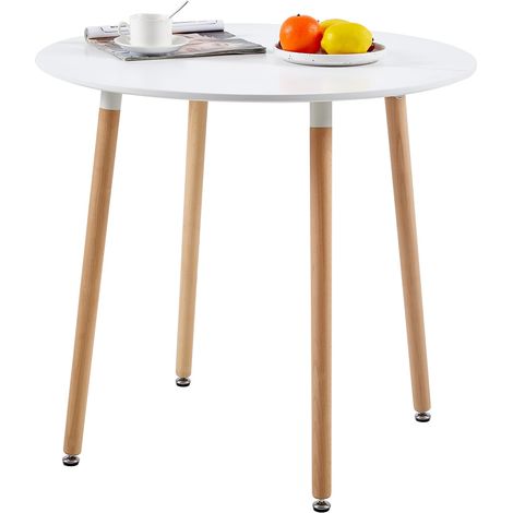 Eggree – Table à manger ronde laquée blanc mat – Pieds en hêtre massif – Dimensions 80 x 80 x 73 cm – Pour 2 à 4 personnes – Style nordique (1/4)