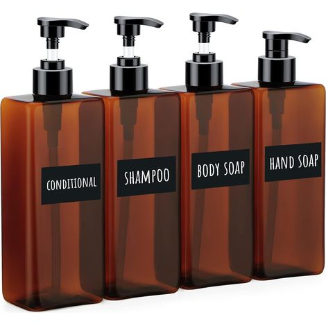 Rechargeable Distributeur de Shampooing et Gel Douche, 500ml 4 Pièces Flacon Pompe Vide Groupe avec Étiquette, pour Salle de Bains, Hôtel, Conditionneur et Lotion Liquide - Marron (1/5)