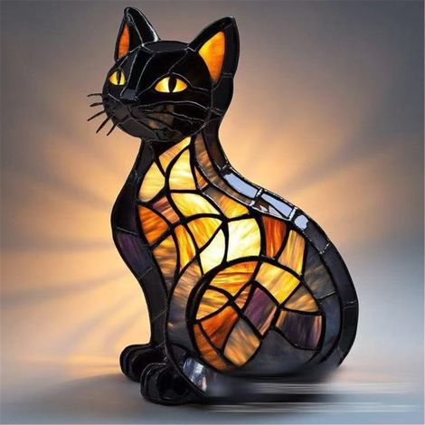 Lampe Nuit Chat En Résine - Lumière LED Chaude Style Vitrail Rétrou - Alimentation USB - Décoration Chambre (1/5)